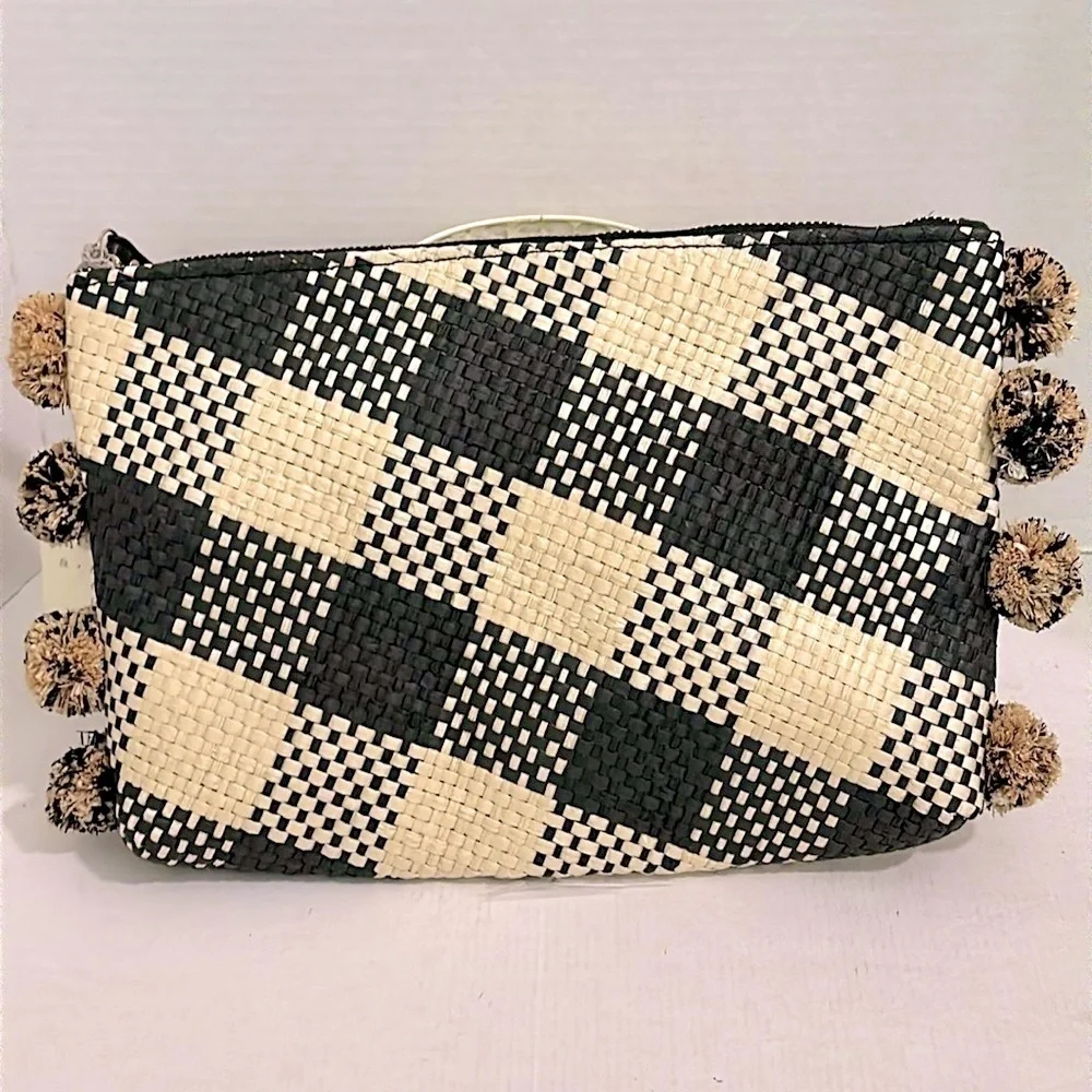 A New Day Checkered Black and Cream Clutch with Pop Poms and wristlet nwt